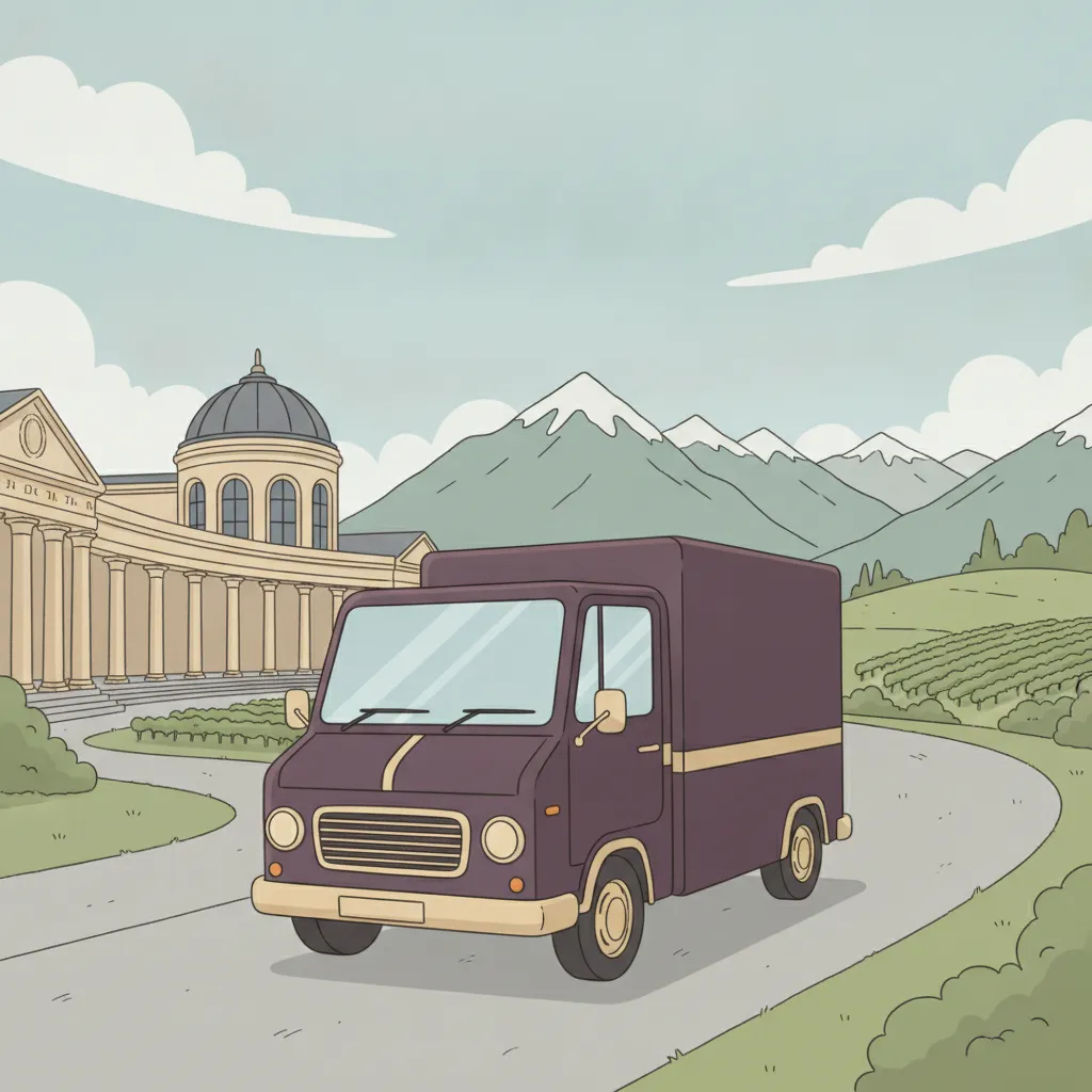 Comic-Illustration: kleiner aubergine-farbener Transporter fährt von Wiesbaden mit Kurhaus-Kolonnade Richtung Schweizer Alpenpanorama - Beiladung in die Schweiz ab Wiesbaden