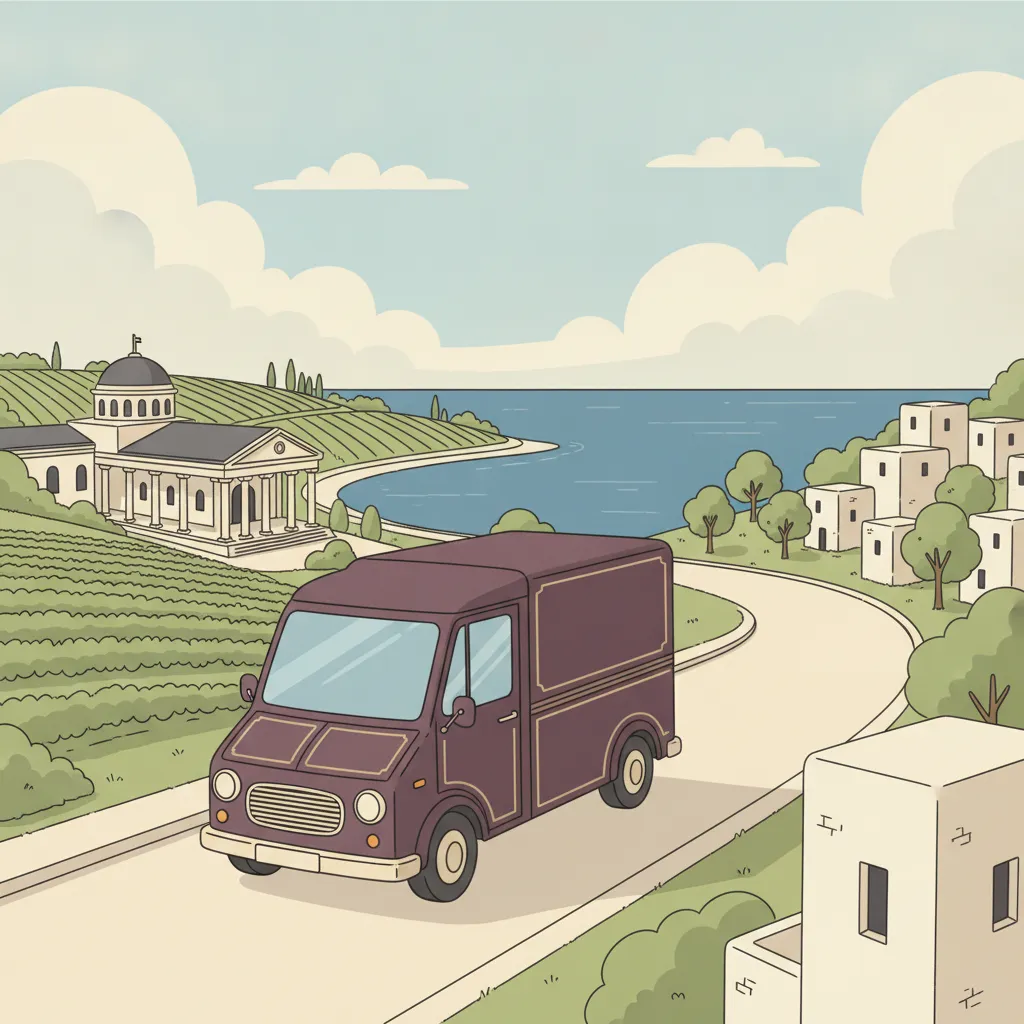 Comic-Illustration: kleiner aubergine-farbener Transporter fährt von Wiesbaden mit Kurhaus-Kolonnade Richtung griechischer Küste mit weißen Häusern und blauem Meer - Beiladung nach Griechenland ab Wiesbaden