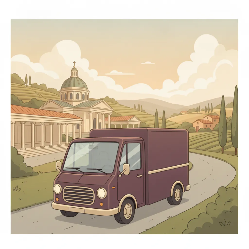 Comic-Illustration: kleiner aubergine-farbener Transporter fährt von Wiesbaden mit Kurhaus-Kolonnade Richtung italienischer Landschaft mit Zypressen und Hügeln - Beiladung nach Italien ab Wiesbaden