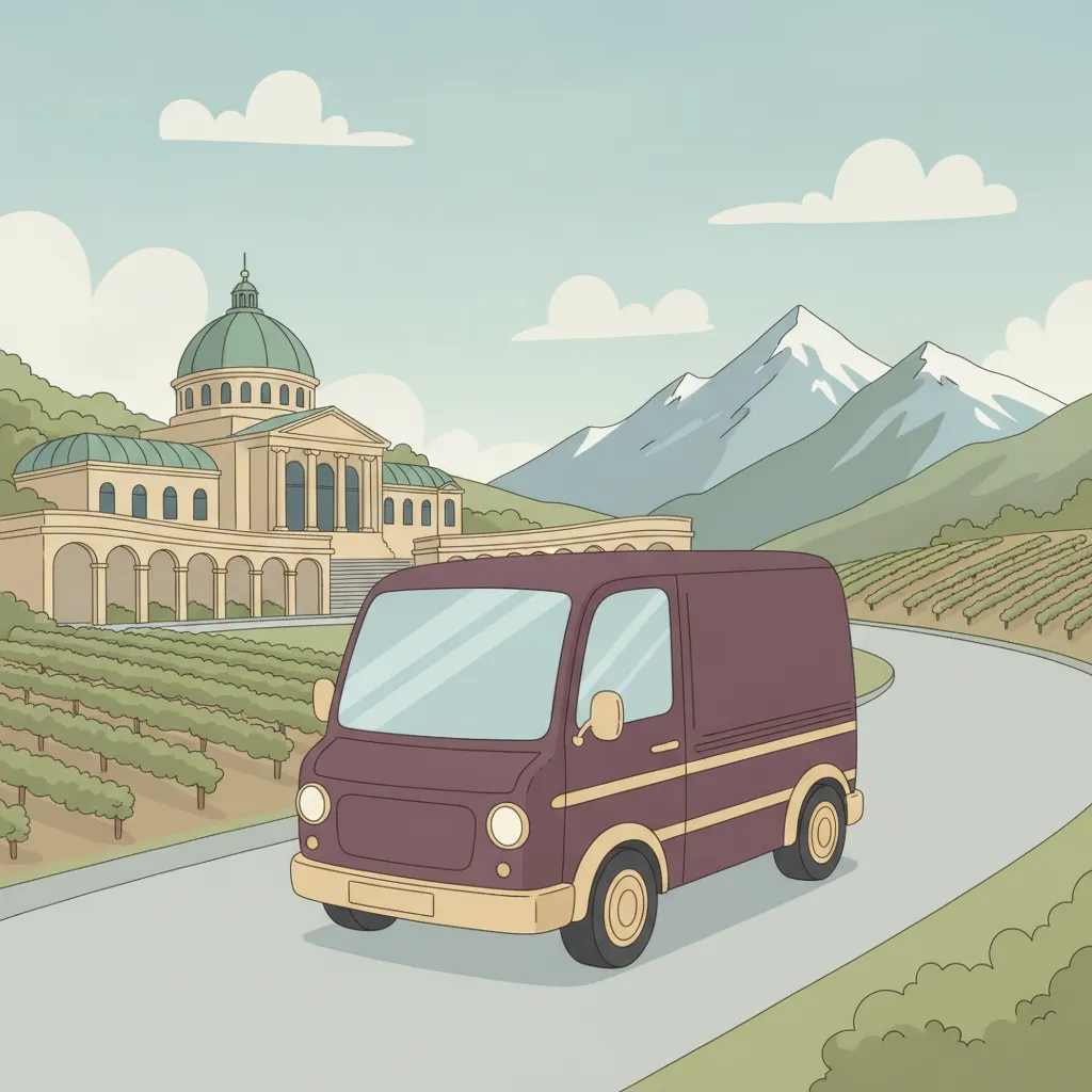 Comic-Illustration: kleiner aubergine-farbener Transporter fährt von Wiesbaden mit Kurhaus-Kolonnade Richtung österreichischem Alpenpanorama - Beiladung nach Österreich ab Wiesbaden