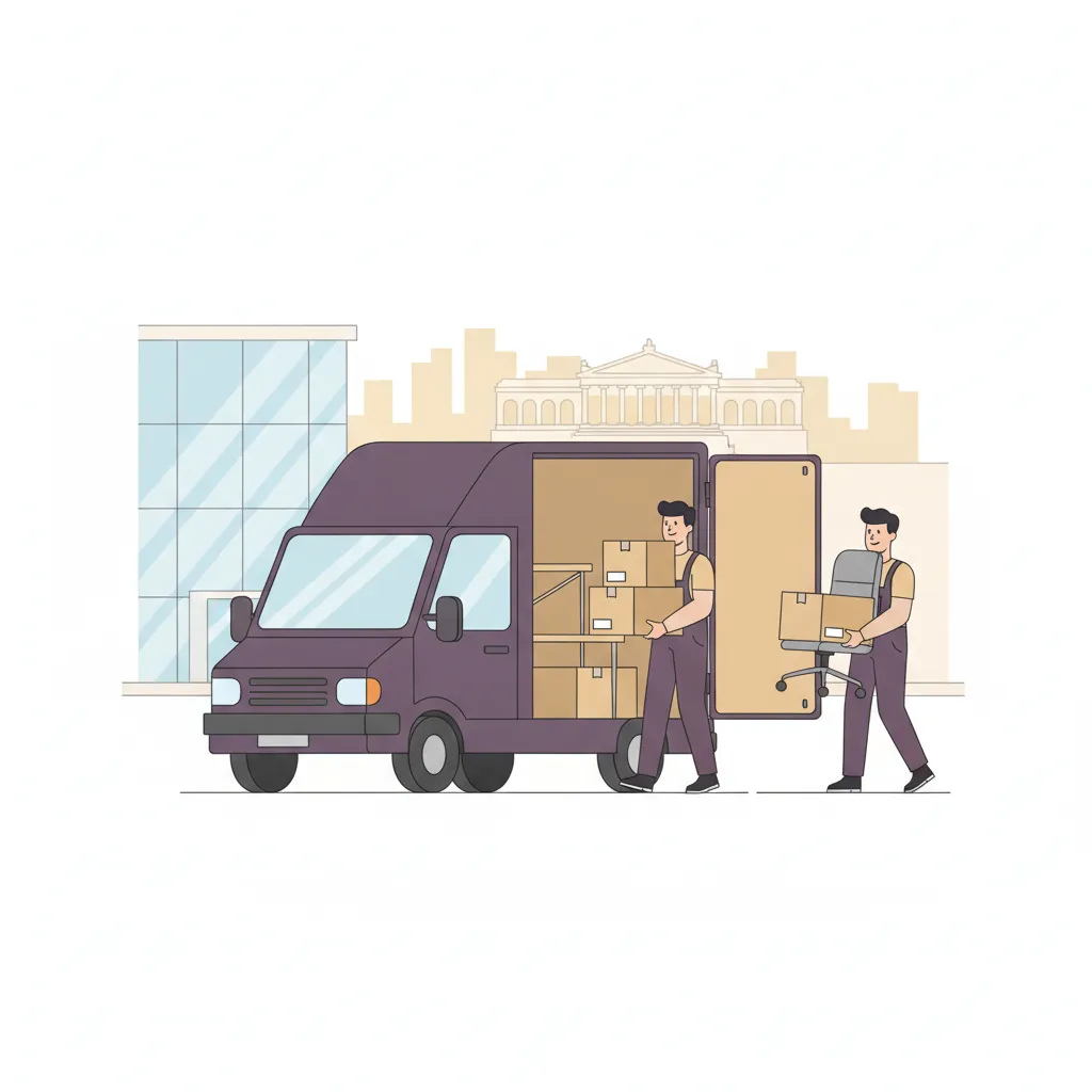 Comic-Illustration: zwei Träger verladen Bürostühle, Aktenkartons und einen Schreibtisch in einen geschlossenen Transporter vor einem modernen Wiesbadener Bürogebäude mit Kurstadt-Kulisse – Büroumzug in Wiesbaden