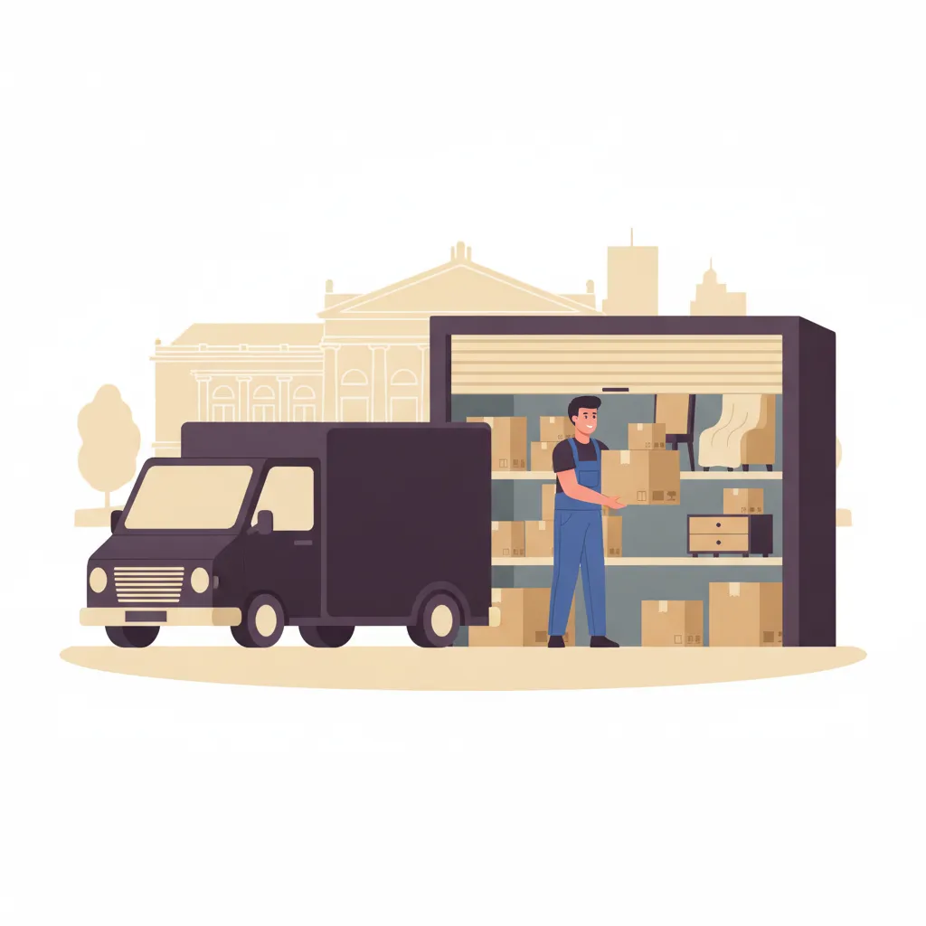 Comic-Illustration: ein Helfer stapelt gepolsterte Umzugskartons und Möbel in einer sauberen Lagerbox, daneben ein geschlossener Kastenwagen vor Wiesbadener Kurstadt-Kulisse – Einlagerung in Wiesbaden