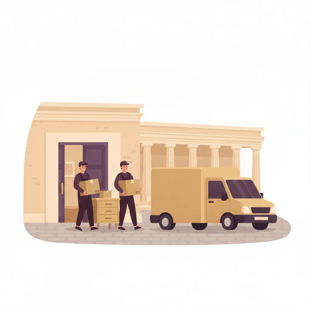 Comic-Illustration: zwei Helfer tragen Kartons und altes Mobiliar aus einem Wiesbadener Kurstadt-Haus zu einem geschlossenen Transporter, daneben eine leergeräumte, saubere Wohnung – Entrümpelung in Wiesbaden
