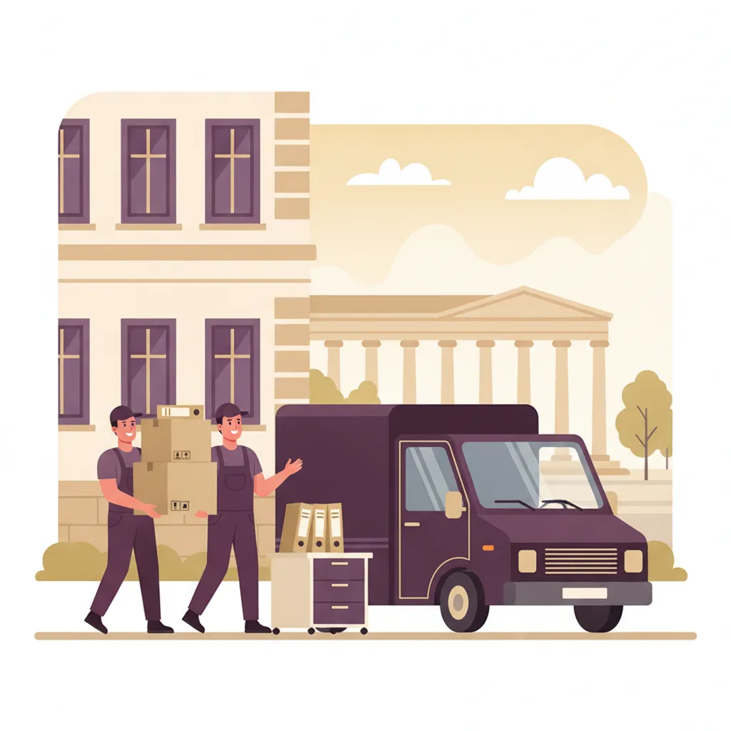 Comic-Illustration: zwei Träger verladen verpackte Bürokartons, Aktenordner und einen Schreibtischcontainer in einen geschlossenen Kastenwagen vor einem Wiesbadener Bürohaus, im Hintergrund eine elegante Kolonnade - Firmenumzug in Wiesbaden
