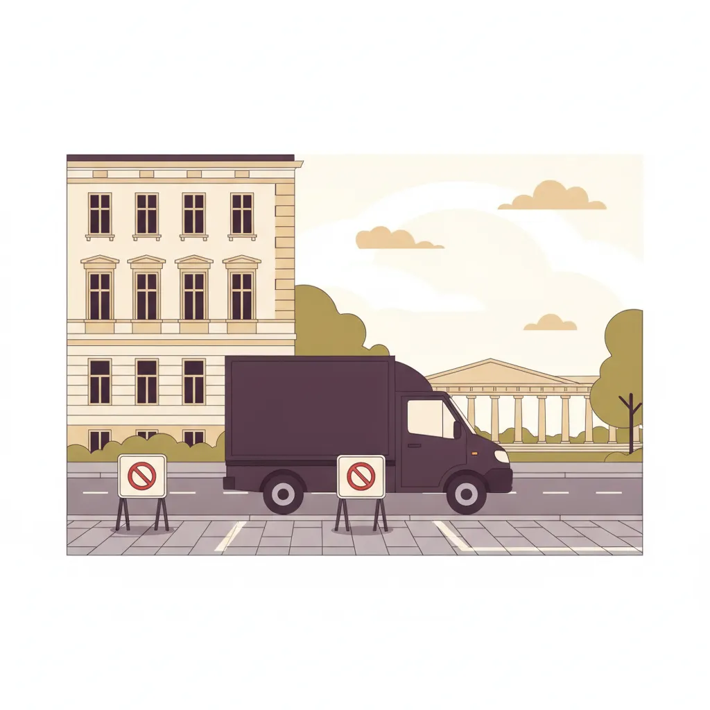 Comic-Illustration: zwei mobile Halteverbotsschilder mit freier Parklücke vor einem Wiesbadener Gründerzeit-Altbau im Westend, ein geschlossener Kastenwagen fährt heran, im Hintergrund eine elegante Kolonnade - mobiles Halteverbot für den Umzug in Wiesbaden