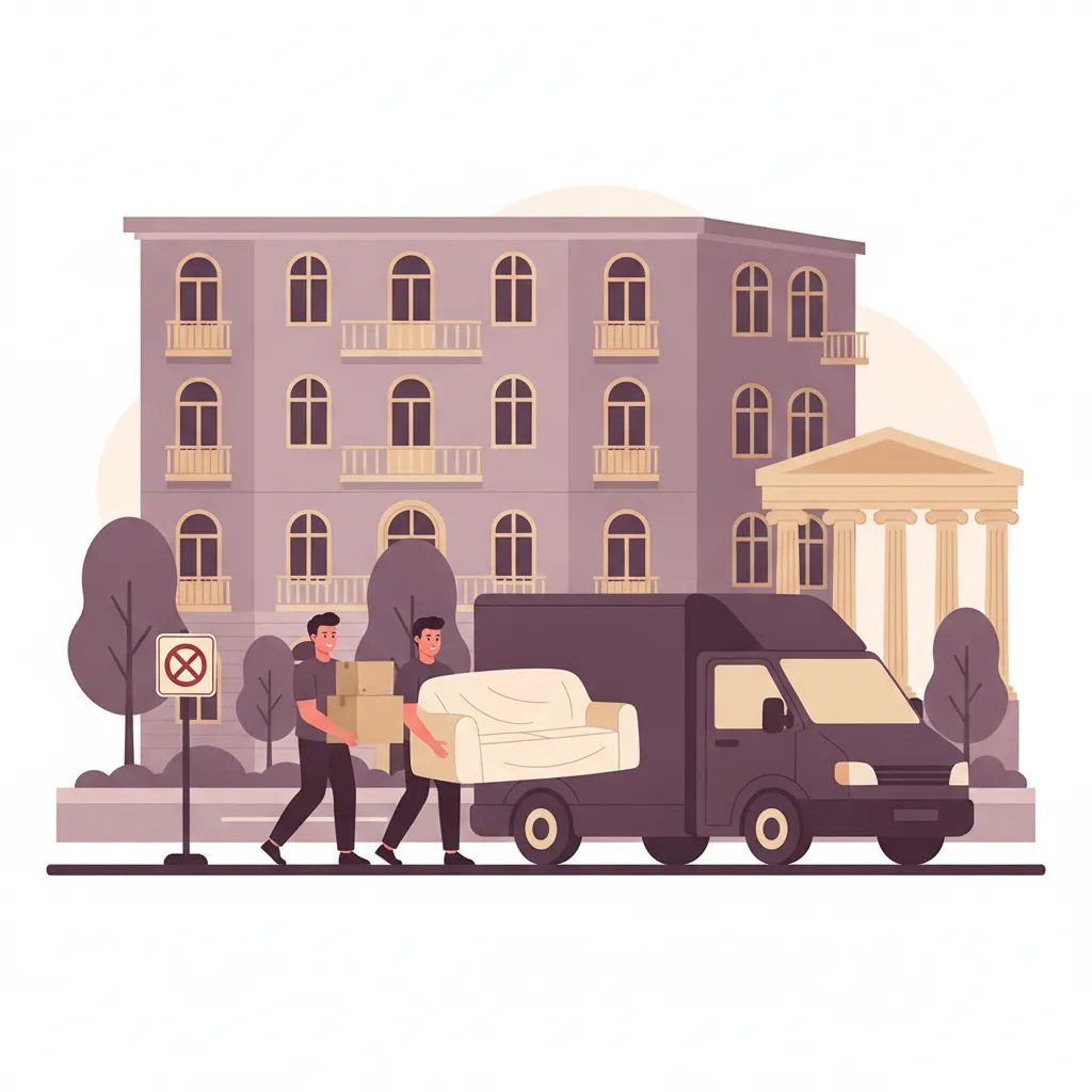 Comic-Illustration: zwei Träger verladen gepolsterte Umzugskartons und ein Sofa in einen geschlossenen Kastenwagen vor einem Wiesbadener Mehrfamilienhaus, im Vordergrund ein eingerichtetes mobiles Halteverbotsschild, im Hintergrund eine elegante Kolonnade – Jobcenter-Umzug in Wiesbaden