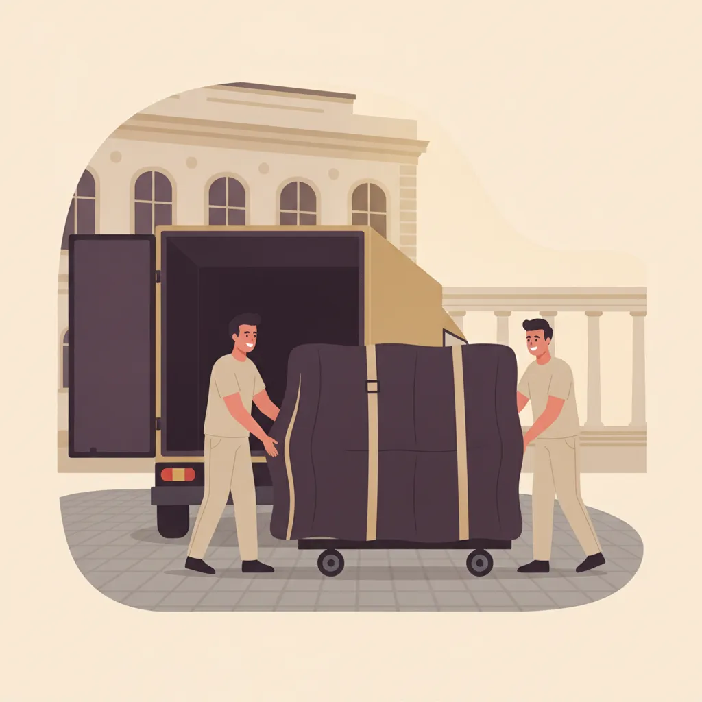 Comic-Illustration: zwei Träger bewegen ein aufrechtes Klavier auf einem Klavierrollwagen zu einem geschlossenen Transporter vor einem eleganten Wiesbadener Kurstadt-Gebäude – Klaviertransport in Wiesbaden