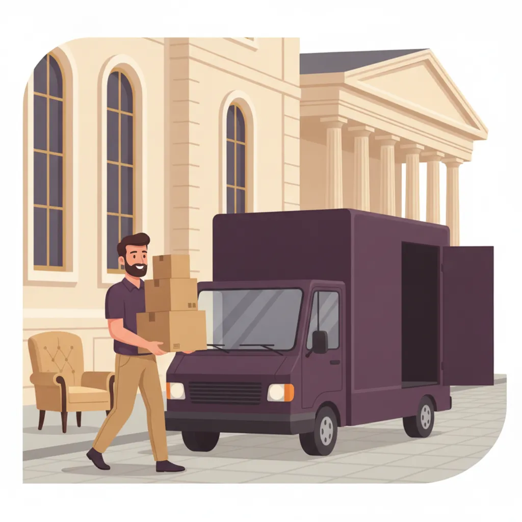 Comic-Illustration: ein Helfer trägt ein paar Kartons und einen Stuhl zu einem geschlossenen Kastenwagen vor einem eleganten Wiesbadener Kurstadt-Gebäude – Kleintransport in Wiesbaden