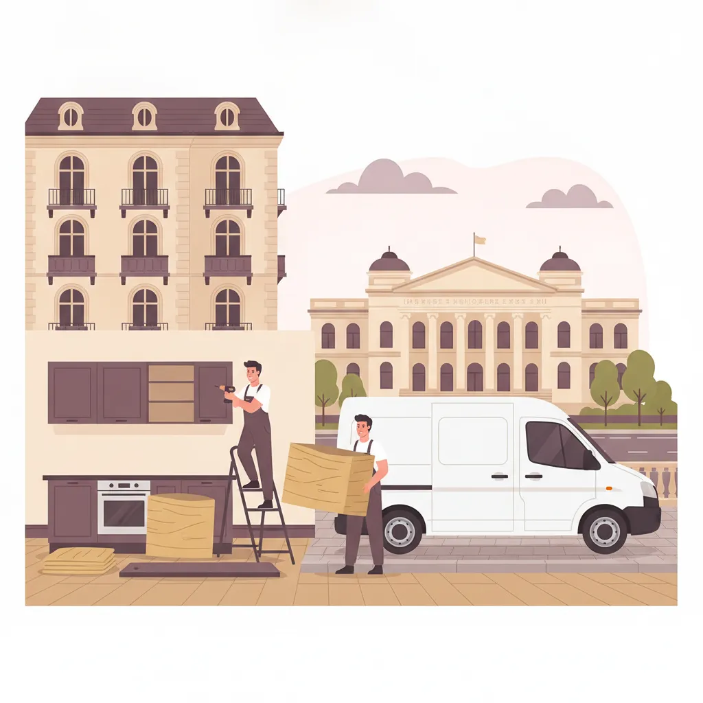 Comic-Illustration: zwei Monteure bauen eine Einbauküche mit Akkuschrauber ab und tragen einen in Decken gepackten Hängeschrank zum Transporter vor einem Wiesbadener Gründerzeit-Altbau nahe der Wilhelmstraße, im Hintergrund die Kurhaus-Kolonnade - Küchenumzug in Wiesbaden