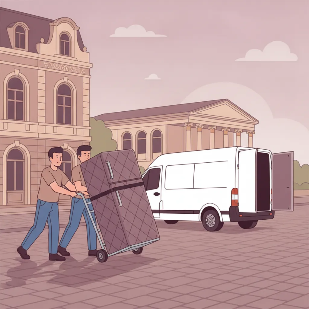 Comic-Illustration: zwei Träger bewegen einen stehend gesicherten Kühlschrank auf einer Sackkarre zum Transporter vor einem Wiesbadener Gründerzeit-Altbau, im Hintergrund die Kurhaus-Kolonnade – Kühlschrank Transport in Wiesbaden