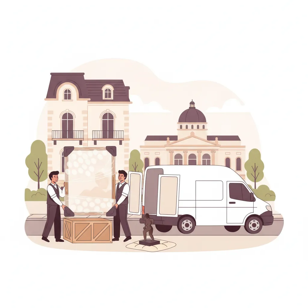 Comic-Illustration: zwei Träger tragen ein in Luftpolster und Holzkiste verpacktes gerahmtes Gemälde aufrecht zu einem Transporter vor einer Wiesbadener Gründerzeit-Villa, im Hintergrund die Kurhaus-Kolonnade – Kunsttransport in Wiesbaden