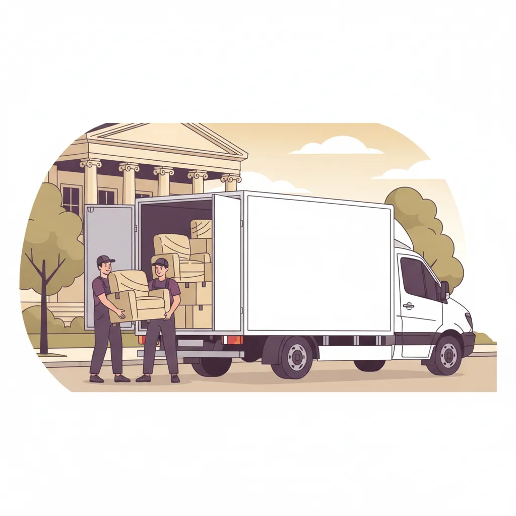 Comic-Illustration: Träger laden gepolsterte Möbel als Beiladung in einen geschlossenen Kastenwagen, der schon halb mit fremdem Umzugsgut beladen ist, vor der eleganten Wilhelmstraße in Wiesbaden mit Kurhaus-Kolonnade im Hintergrund - Möbelmitfahrzentrale in Wiesbaden