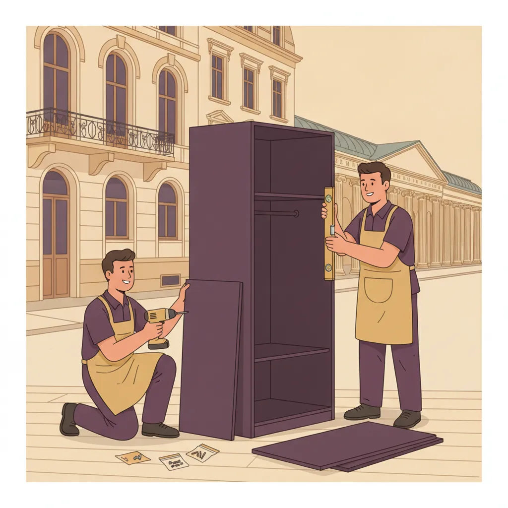 Comic-Illustration: zwei Monteure bauen mit Akkuschrauber einen Kleiderschrank auf und richten ein Regal aus, daneben Schrankteile und Beschläge, im Hintergrund ein Wiesbadener Gründerzeit-Altbau und die Kurhaus-Kolonnade – Möbelmontage in Wiesbaden