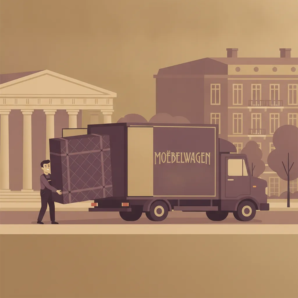 Comic-Illustration: zwei Träger einer Möbelspedition laden einen gepolsterten Schrank in einen großen Möbelkoffer-Lkw an einer eleganten Wiesbadener Straße, im Hintergrund die Kurhaus-Kolonnade und Gründerzeit-Fassaden - Möbelspedition in Wiesbaden