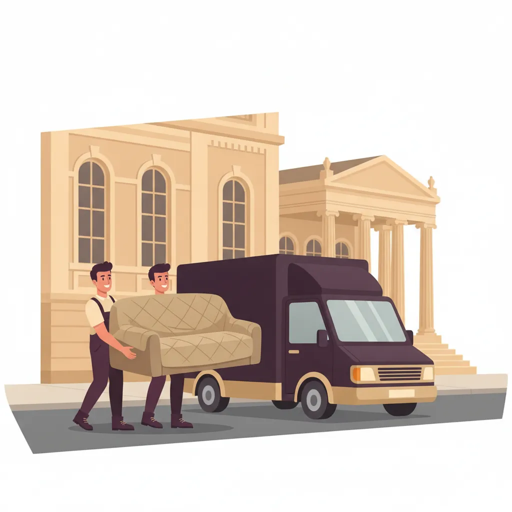 Comic-Illustration: zwei Helfer tragen ein eingewickeltes Sofa zu einem geschlossenen Kastenwagen vor einem eleganten Wiesbadener Kurstadt-Gebäude – Möbeltaxi in Wiesbaden