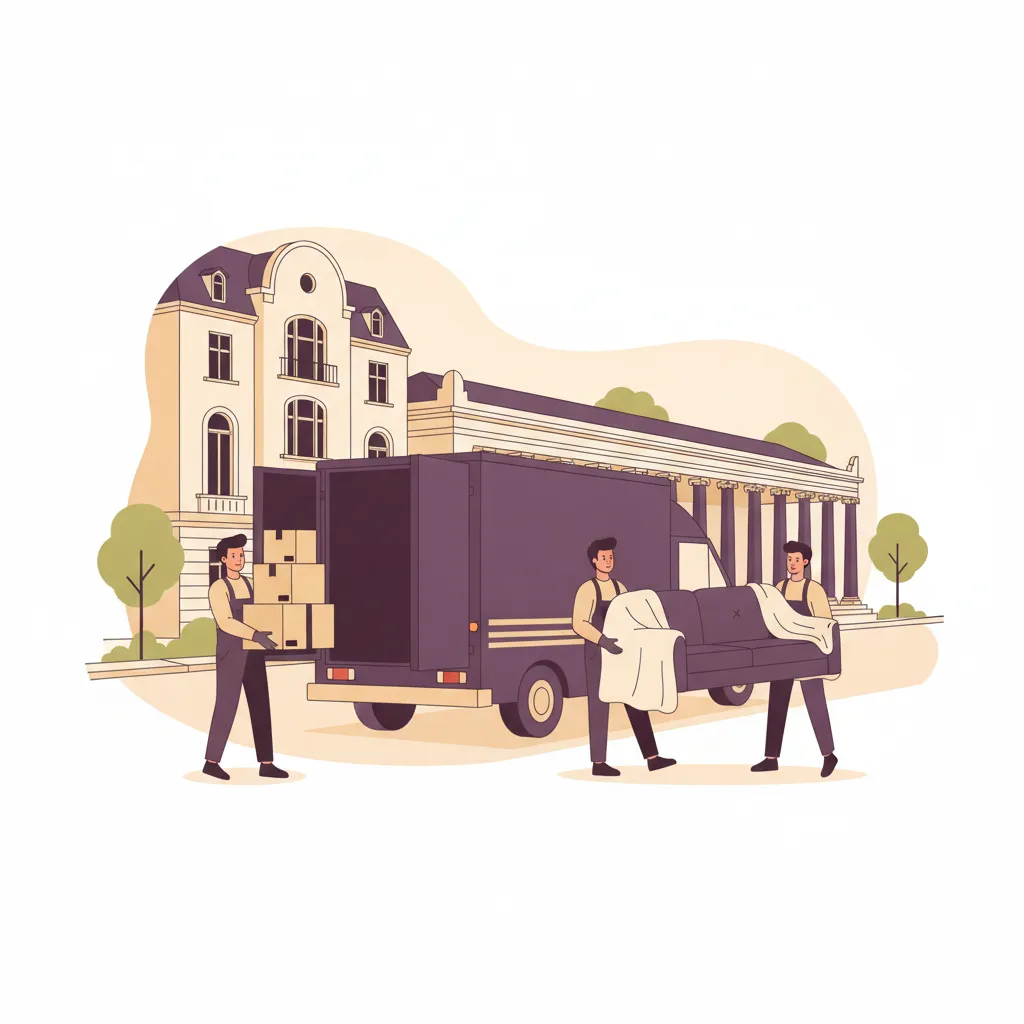 Comic-Illustration: zwei Träger verladen gepolsterte Umzugskartons und ein Sofa in einen geschlossenen Kastenwagen vor einem Wiesbadener Gründerzeit-Altbau, im Hintergrund die Kurhaus-Kolonnade – Privatumzug in Wiesbaden