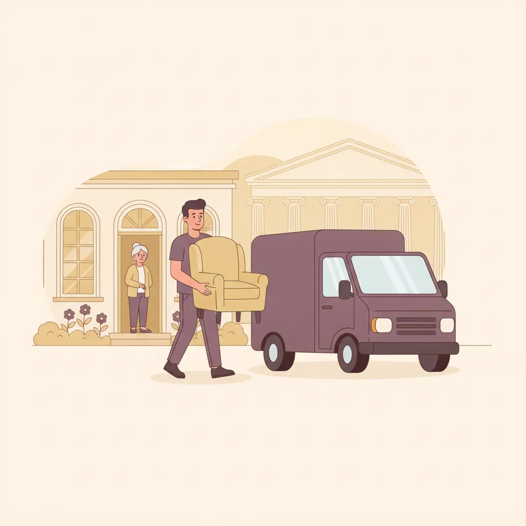 Comic-Illustration: ein Umzugshelfer trägt behutsam einen gepolsterten Sessel zu einem geschlossenen Kastenwagen, während eine ältere Dame freundlich zusieht, vor einem eleganten Wiesbadener Kurstadt-Haus – Seniorenumzug in Wiesbaden