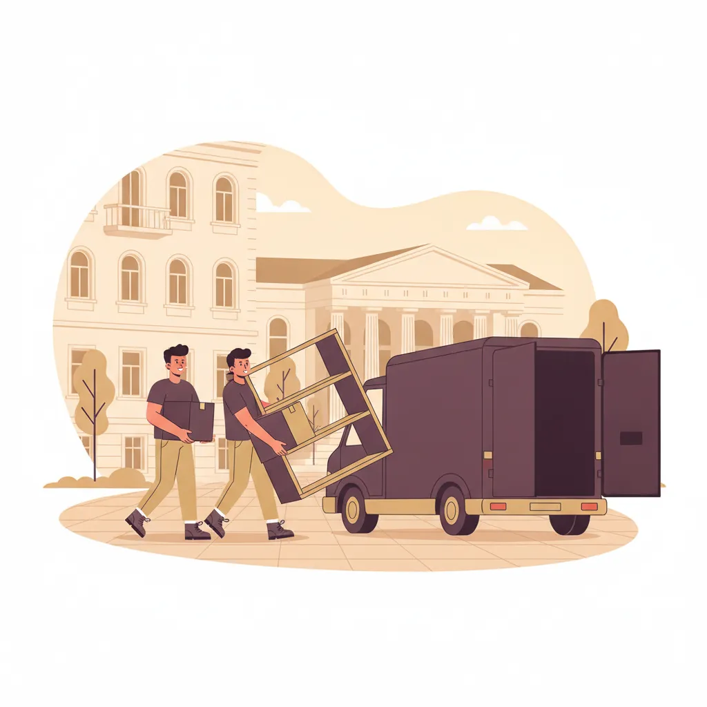 Comic-Illustration: zwei junge Umzugshelfer tragen Kartons und ein Regal zu einem geschlossenen Kastenwagen vor einem Wiesbadener Studentenwohnhaus mit Kurstadt-Kulisse – studentische Umzugshelfer in Wiesbaden