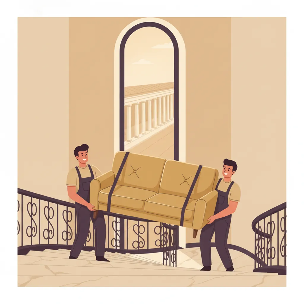 Comic-Illustration: zwei Helfer in Arbeitskleidung tragen mit Tragegurten gemeinsam ein Sofa die enge Treppe eines Wiesbadener Gründerzeit-Altbaus hinab, im Hintergrund die klassizistische Kurhaus-Kolonnade – Tragehilfe in Wiesbaden, ohne Fahrzeug