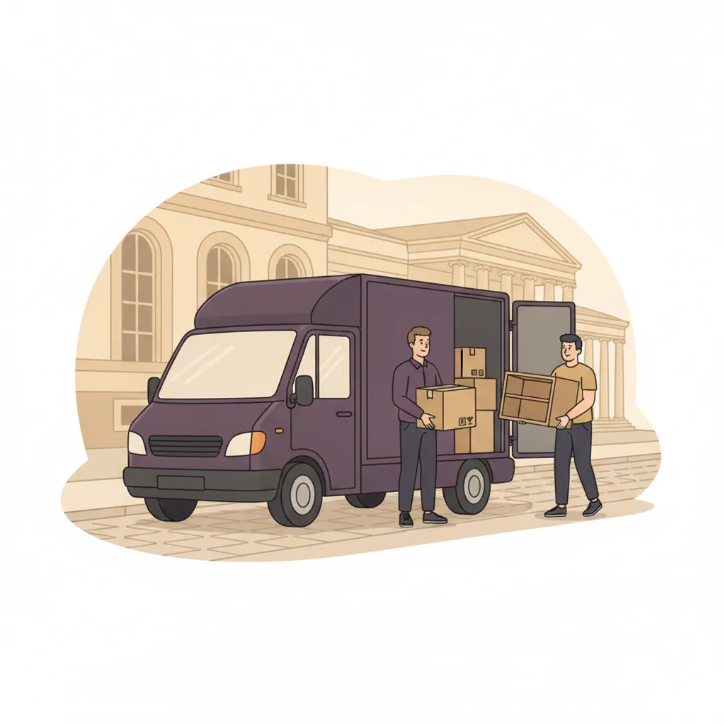 Comic-Illustration: ein Fahrer und ein Helfer beladen einen geschlossenen Kastenwagen mit Kartons und Möbeln vor einem eleganten Wiesbadener Kurstadt-Gebäude – Transporter mit Fahrer in Wiesbaden