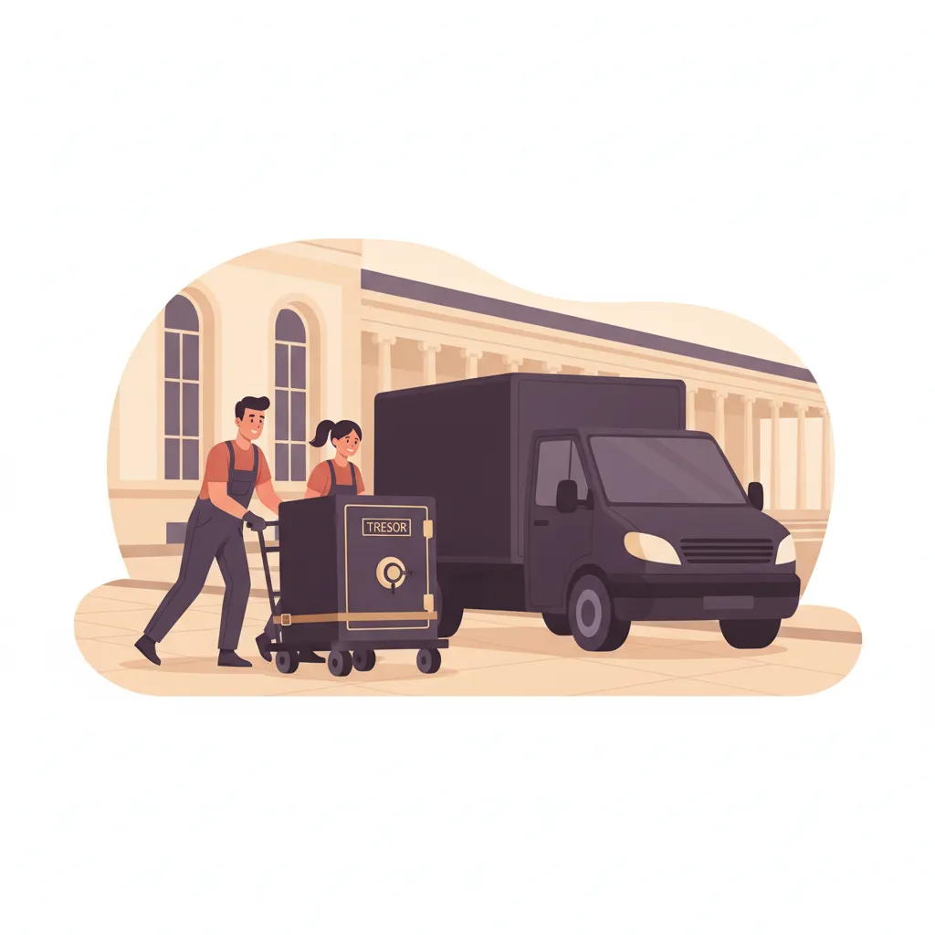 Comic-Illustration: zwei Träger bewegen einen schweren Tresor auf einem Schwerlast-Rollwagen zu einem geschlossenen Transporter vor einem eleganten Wiesbadener Kurstadt-Gebäude – Tresortransport in Wiesbaden