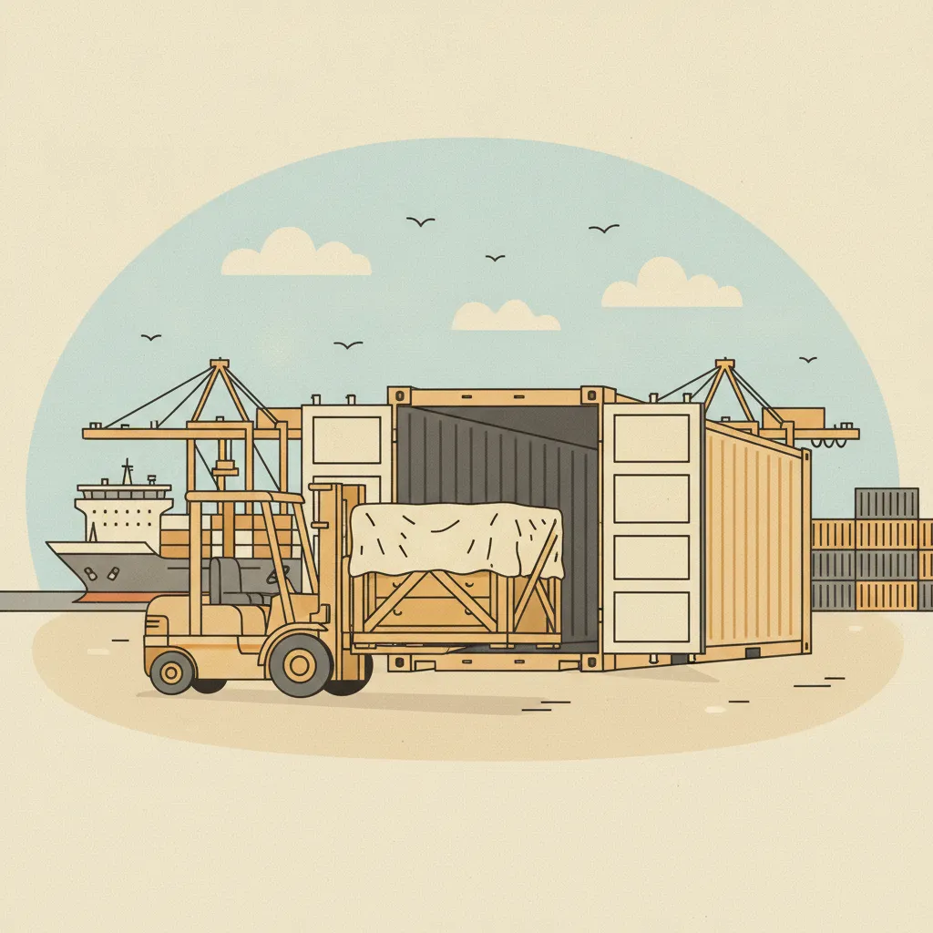 Comic-Illustration: ein verplombter Seefracht-Container wird am Kai mit Hausrat in seetauglichen Holzkisten beladen, dahinter ein Containerschiff und Kräne unter blauem Himmel – Überseeumzug per Seefracht, Beratung ab Wiesbaden