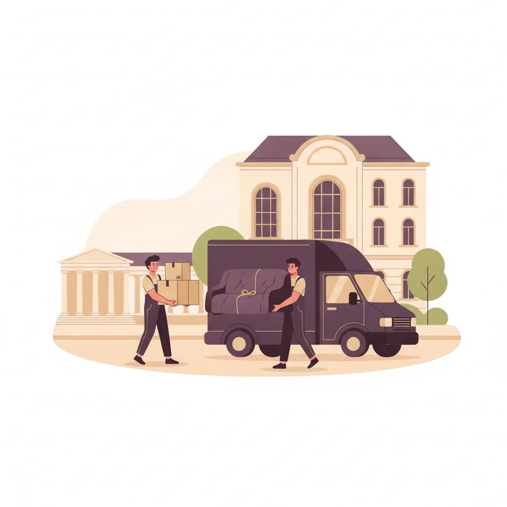 Comic-Illustration: zwei Umzugshelfer tragen gepolsterte Kartons und ein Sofa zu einem geschlossenen Kastenwagen vor einem Wiesbadener Gründerzeit-Altbau, im Hintergrund die Kurhaus-Kolonnade – Umzugshelfer in Wiesbaden