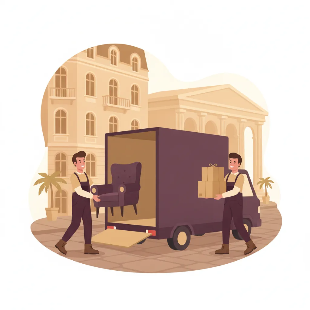 Comic-Illustration: zwei Helfer verladen Möbel und Kartons in einen geschlossenen Lkw mit Ladebordwand vor einem Wiesbadener Gründerzeit-Altbau mit Kurhaus-Kolonnade – Umzugshilfe mit Lkw in Wiesbaden