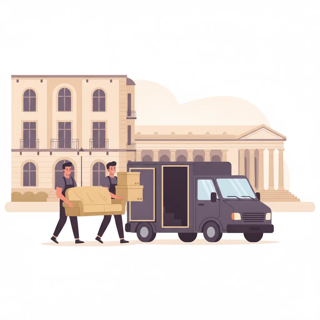 Comic-Illustration: zwei Träger verladen gepolsterte Umzugskartons und ein Sofa in einen geschlossenen Kastenwagen vor einem Wiesbadener Gründerzeit-Altbau, im Hintergrund die Kurhaus-Kolonnade – Umzugsunternehmen in Wiesbaden