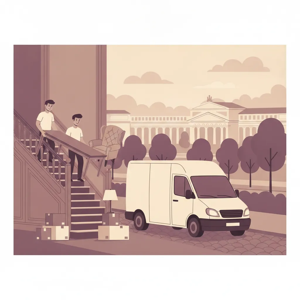 Comic-Illustration: zwei Helfer tragen einen Esstisch und gepolsterte Stühle aus einem Wiesbadener Gründerzeit-Altbau ohne Aufzug zum Transporter, daneben sortierte Kartons mit Hausrat, im Hintergrund die Kurhaus-Kolonnade – Wohnungsauflösung in Wiesbaden