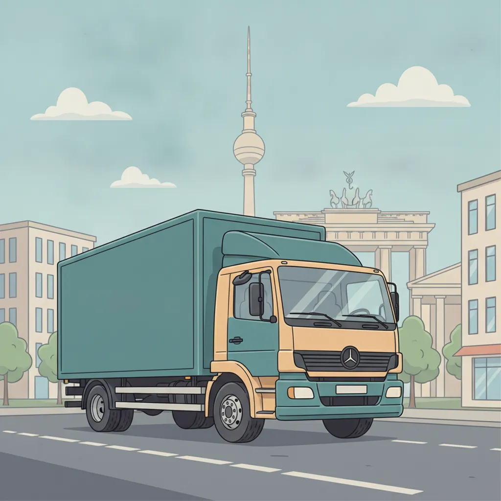 Comic-Illustration: geschlossener Umzugstransporter erreicht Berlin – Beiladung von Wiesbaden nach Berlin