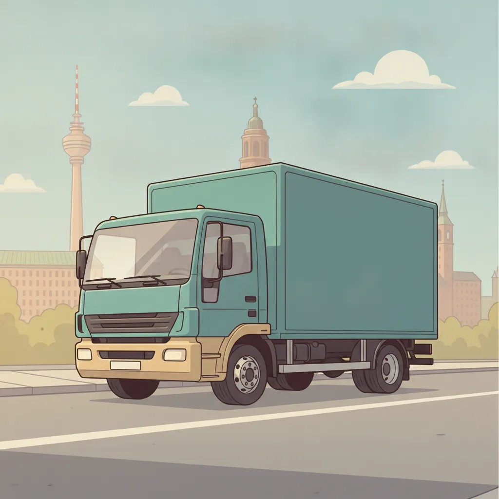 Comic-Illustration: geschlossener Umzugstransporter erreicht Hamburg – Beiladung von Wiesbaden nach Hamburg