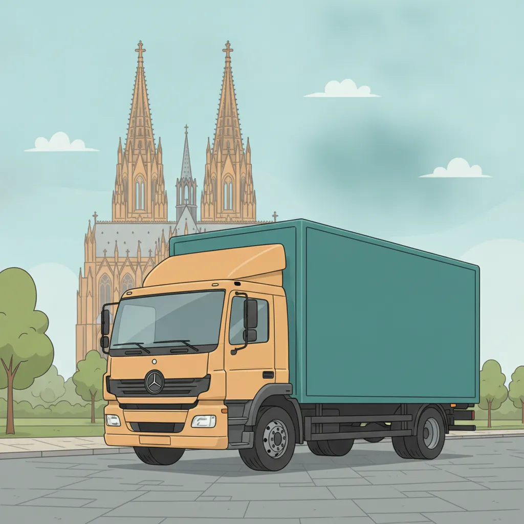 Comic-Illustration: geschlossener Umzugstransporter erreicht Köln – Beiladung von Wiesbaden nach Köln