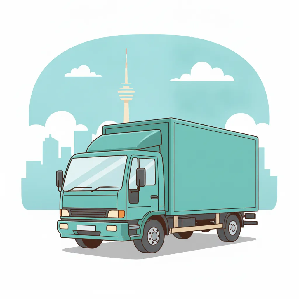 Comic-Illustration: geschlossener Umzugstransporter erreicht Stuttgart – Beiladung von Wiesbaden nach Stuttgart